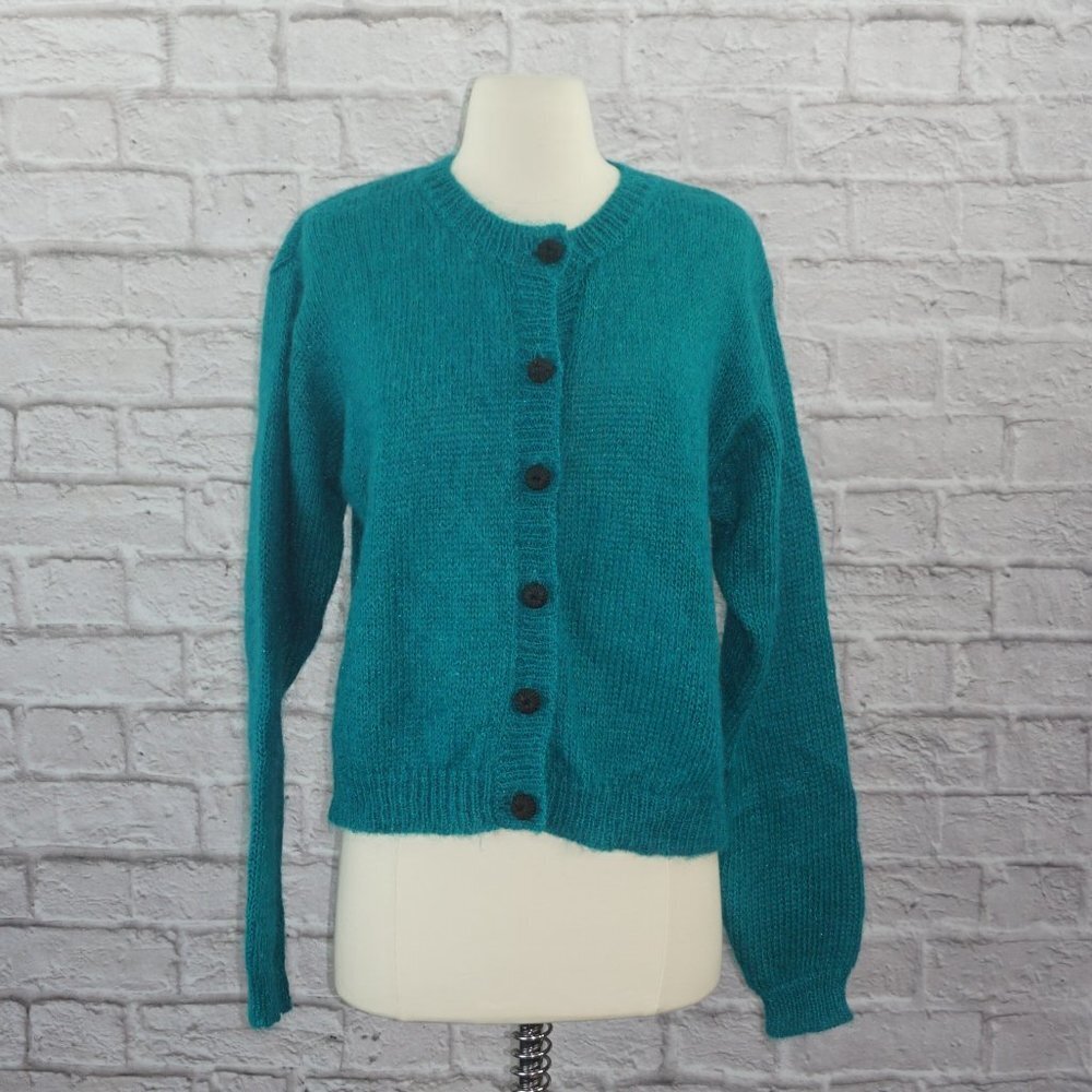 Vintage 80s Mohair Teal Cardigan Sweater Small